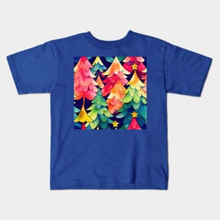 Multi-color Rainbow Watercolor Christmas Trees with Stars Kids T-Shirt